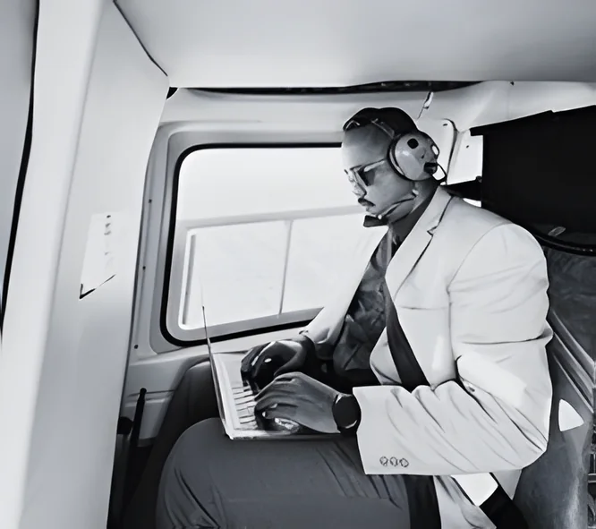 Passenger working on a laptop in the helicopter cabin