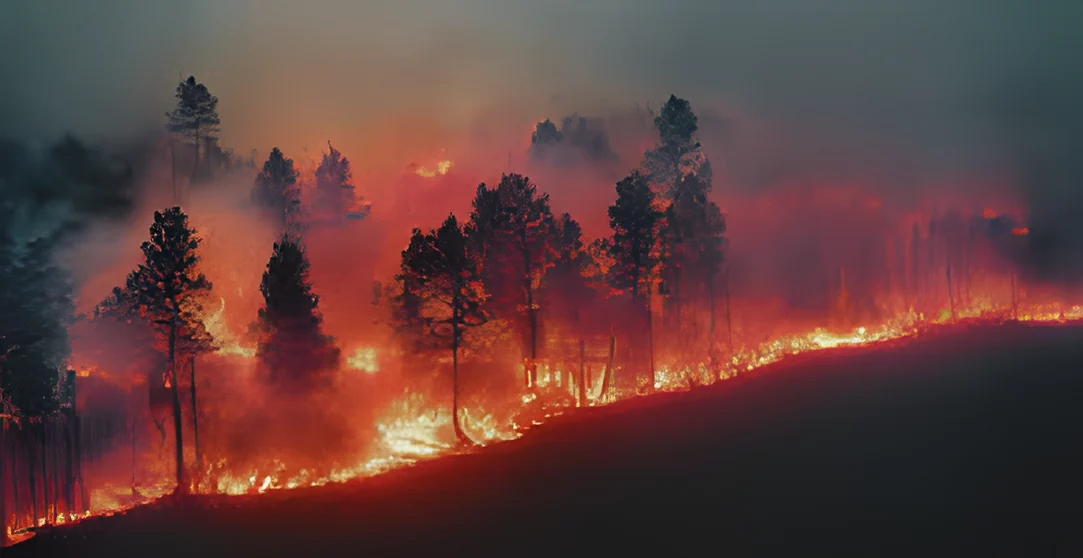 Forest and land fire burning through pine forest
